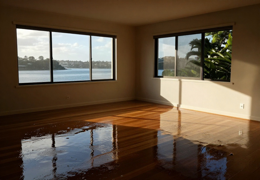 Flood-damaged living room in Little Bay before restoration